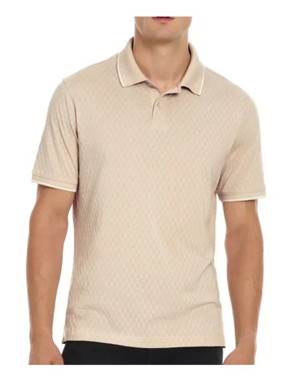 NWT Ted Baker Men's XL Beige Short Sleeve Polo 100% Cotton Checkered Pattern